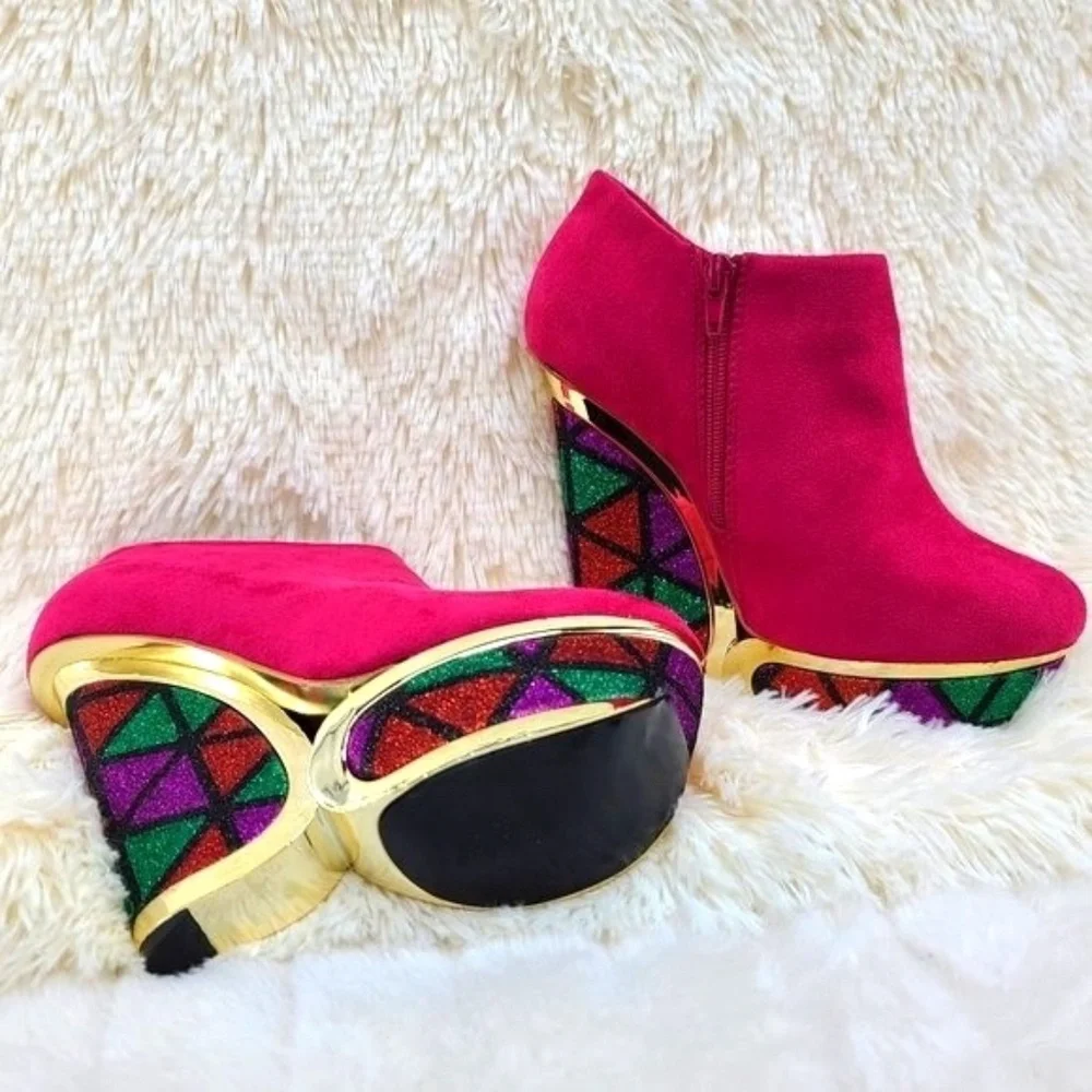 * Privileged  Fuchsia Multi Glitter 4"  Wedge Platform Heel Ankle Boot - Picture 5 of 5